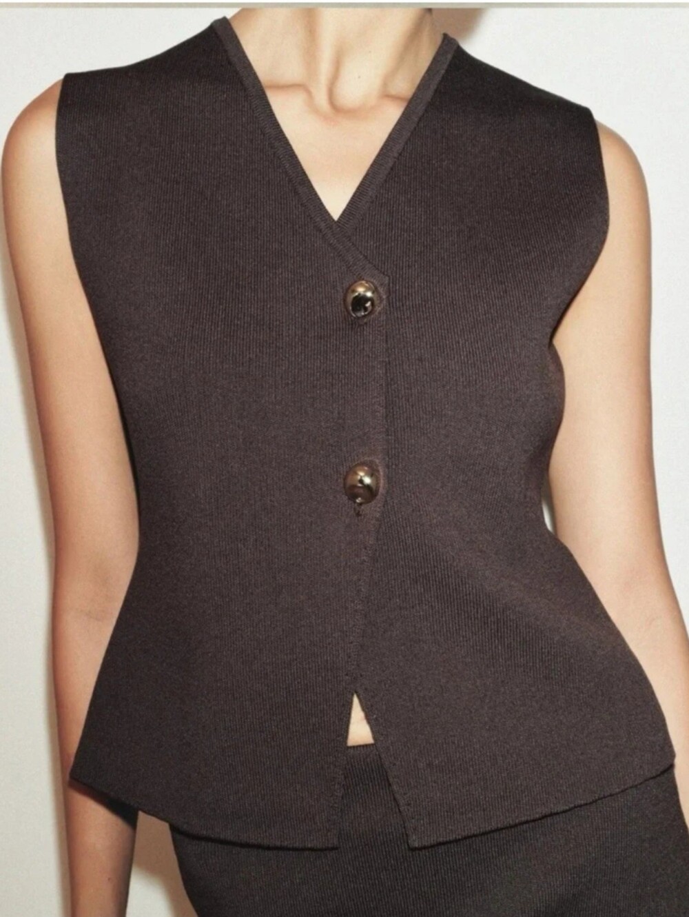 Zara NWT Basic Knit Gold Button Top Browm Size M - Picture 1 of 16